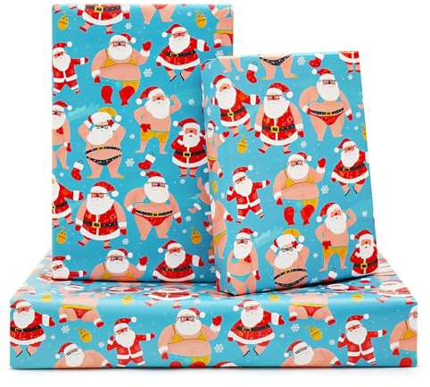 Gleemix Lustige Geschenkpapier Weihnachten, 6 Stück Weihnachtsmann Weihnachtsgeschenkpapier, 50x70 cm Weihnachts Geschenkpapier, Freches Geschenk Papier Weihnachten für Geschenke (Blau)
