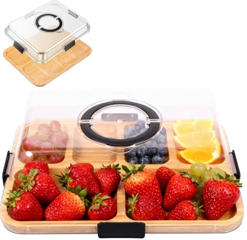 YUNYOUC Bamboo Cheese Board, Snack Serving Tray with Lid Cover, Charcuterie Board for Meat Snack Travel, Cheeseboard Serving Platter, Christmas Tray, House Warming Gifts(Burlywood)