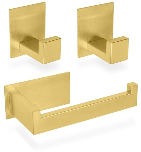 ECENCE Toilettenpapierhalter + 2 Handtuchhaken ohne Bohren Gold | Badezimmerset selbstklebend, Badezimmeraccessoires - rostfreier Edelstahl 304, Handtuchhalter + Klorollenhalter