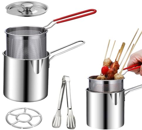 Deep Fryer Pot Set, Small Deep Fryer Pot with Handle & Strainer Basket, Oil Strainer Container, Bacon Grease Saver Stainless Steel Frying Pan for French Fries, Fish, Chicken