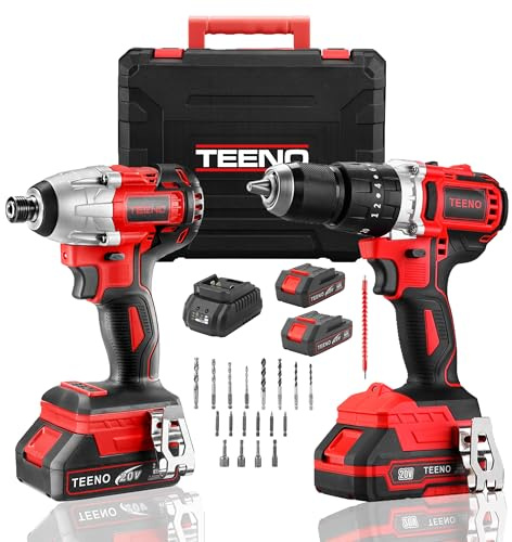 TEENO Pistola Impacto & Llave de Impacto batería sin escobillas | Dotado de 2 baterías rápidas 2Ah, luz LED, velocidad regulable, ideal para reparación y montaje automotriz