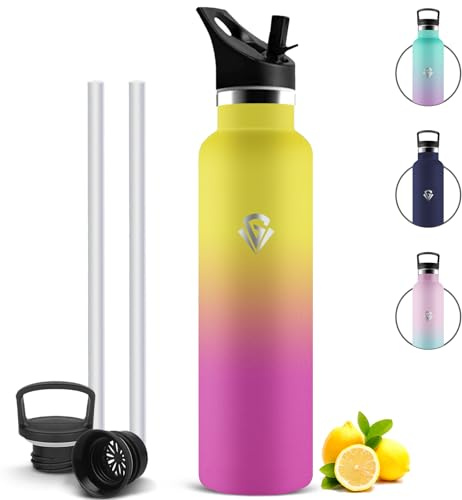 Mujigaga Botella Agua Acero Inoxidable, Prueba de Fugas Botella Termica 1 litro con 2 Tapones, Termo con Pajita y Filtro, Cantimplora Termica sin BPA para Gym, Hogar, Oficina