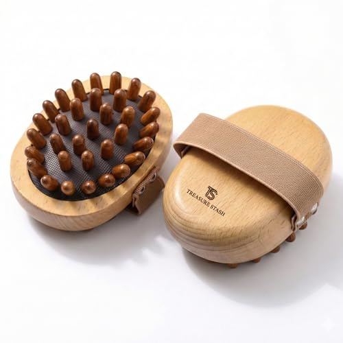 Treasure Stash Beech Wood Body Brush with Massage Beads and Hand Strap | Exfoliating Skin Brush for Cellulite, Lymphatic Drainage & Smooth Skin, Wooden Spa Brush
