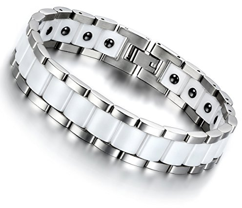 Cupimatch Herren Magnet Edelstahl Keramik Armband, 13mm breite Rechteck Link Handgelenk Magnetarmband Armreif, weiss silber