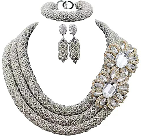 Hibeads 3 Rows Handmade Nigerian African Crystal Beads Jewelry Set Costume Bridal Necklace (Silver)
