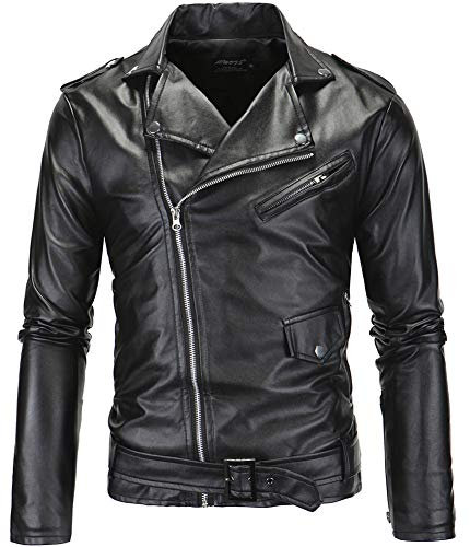 MISSMAO Retro Morbido Giacca Motociclista in Pelle Sintetica Biker Jacket Cappotto con Cintura Nero S