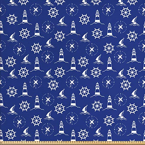 ABAKUHAUS Leuchtturm Stoff als Meterware, Maritime Silhouetten, Qualitäts Stoff Dekorativer Polster Heimtextilienstoff, 2M (148x200cm),Violettblau Weiß