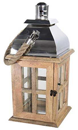 Windlicht Laterne SOLID Mangoholz Edelstahl Glas (24x24x50cm)