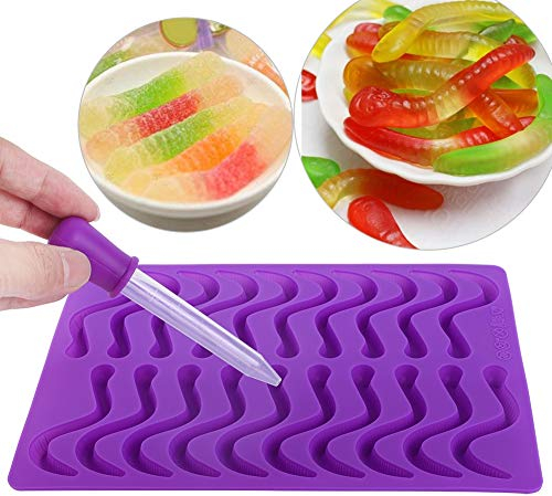 Molde Gomoso 20 Compartimentos Gusanos Gusanos Lombriz de Tierra Pequeña Serpiente Molde de Silicona para Dulces de Chocolate Pastel Gomoso con Gotero Púrpura