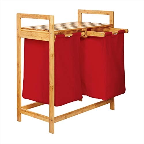 Lumaland Wäschekorb aus Bambus mit 2 ausziehbaren Wäschesäcken | Größe ca. 73 cm Höhe x 64 cm Breite x 33 cm Tiefe, Farbe: Rot