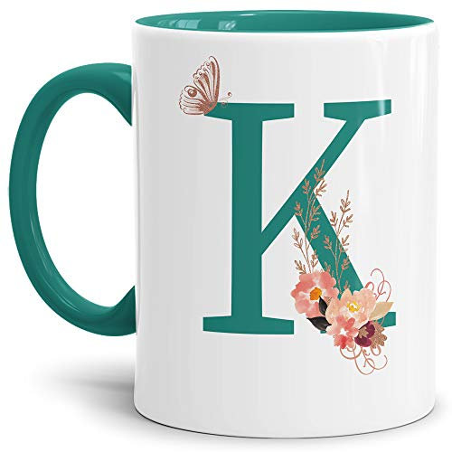 Tassendruck Buchstaben-Tasse mit Blumen - Buchstabe K - Innen & Henkel Türkis - Mug/Cup/Becher/Edel/Geschenk-Idee/Beste Qualität - 25 Jahre Erfahrung