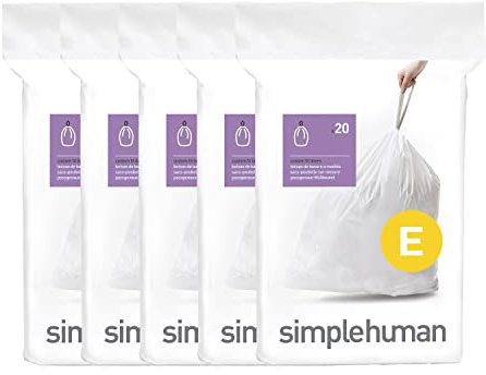 simplehuman Code E Bin Liner, Made with 50% Post-Consumer Recycled (PCR) Plastic, White, 20 Count (Pack of 5)
