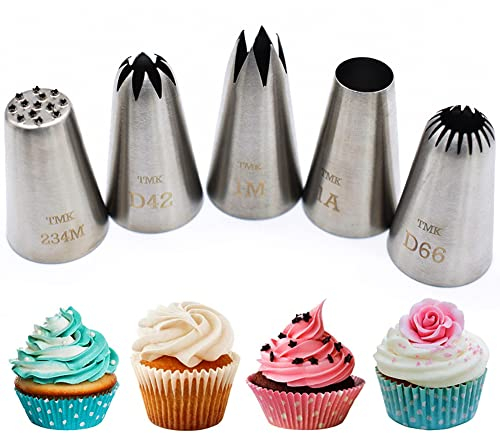 Timkumon 5 Pack Stainless Steel Seamless Piping Icing Tips #1M D42 1A D66 234M, Large Grass Star Piping Nozzle, Cake Decorating Tools for Baker