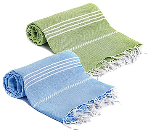 Turquoise Home - Großes türkisches Pestemal Badetuch Hamamtuch Saunatuch XXL Badetuch 100 x 180 cm Sauna Spa Yoga Strand Picnic dünn und leicht (Blau-OliveGrün, 2)