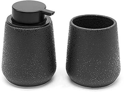 Inbagno Set Accessori Bagno in Ceramica Nera Effetto Glitter, con Dispenser Sapone Liquido e portaspazzolino