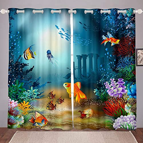 Loussiesd Ozean Blickdichte Vorhänge Meer Kreatur Fish Blumen Drucken Fenstervorhang 245x140cm für Kinder Jungs Mädchen Unterwasser Tier Vorhänge Leben im Meer
