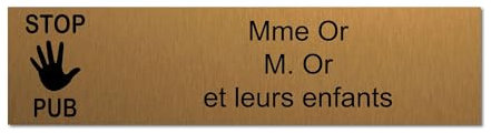 Plaque gravée pour nom boîte aux lettres STOP PUB autocollante 10x2,5cm personnalisée 1 à 3 lignes Or Brossé