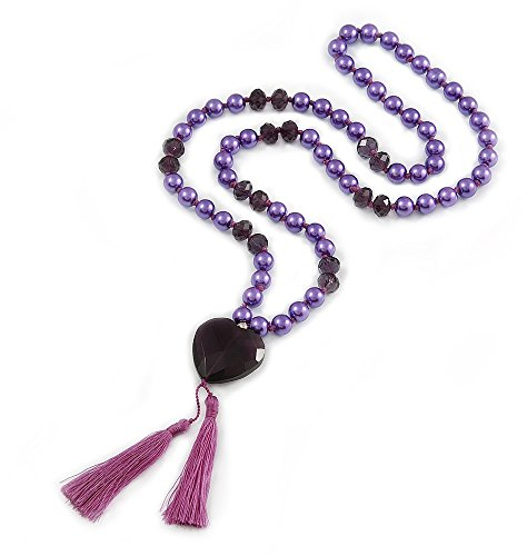 Avalaya Long Glass Bead with Heart Pendant/Silk Tassel Necklace in Purple Colour/ 84cm L/ 11cm Tassel