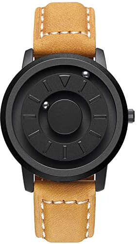 EUTOUR Montre Homme Magnétique Pas de Verre Roulement à Billes Quartz Montres Bracelet pour Homme avec Bracelet en Cuir Marron Clair