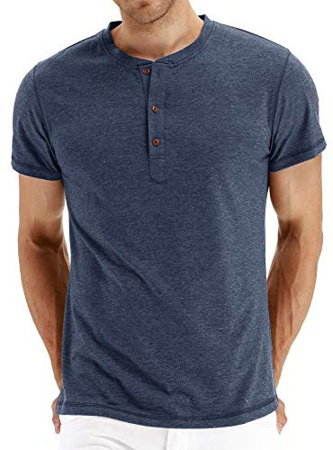 NITAGUT Mens Fashion Casual Front Placket Basic Short Sleeve Henley T-Shirts Tops(L,Vg-Navy Blue)