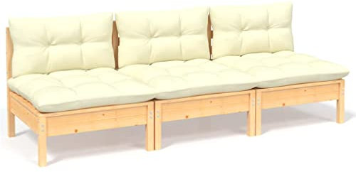 vidaXL 3-Sitzer-Gartensofa mit Creme Kissen Massivholz Kiefer