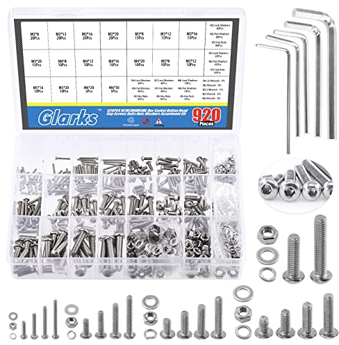Glarks 925 Stück M2 M3 M4 M5 M6 Edelstahl Knopfkopf Innensechskantschraube Bolzen und Muttern Sortiment Kit mit Sechskantmuttern, flache Unterlegscheiben, Möbel, Autoreparatur