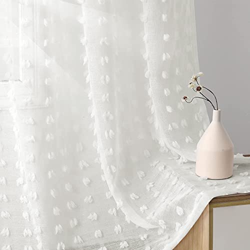 Joywell Gardinen Wohnzimmer Vorhänge Transparente Voile Sheer Vorhänge Mädchenzimmer Leinenstruktur mit Ösen Pompons Ösenschal Luftig Dekoschal für Schlafzimmer Kinderzimmer 138x140 cm 2er Set