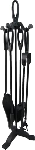 Tomersun Fireplace Tools Set 5 Pieces 27.8In Cast Iron Fire Set Black Fireplace Kit Stand Poker Shovel Broom Wood Stove Log Tongs Holder Tools Kit Sets