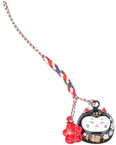 PRETYZOOM Glückskatze Mit Glocke Japanische Maneki Neko Dekoration Für Taschen Schlüssel Und Handys Feng Shui Charm Schwarz Mit Kirschblüten