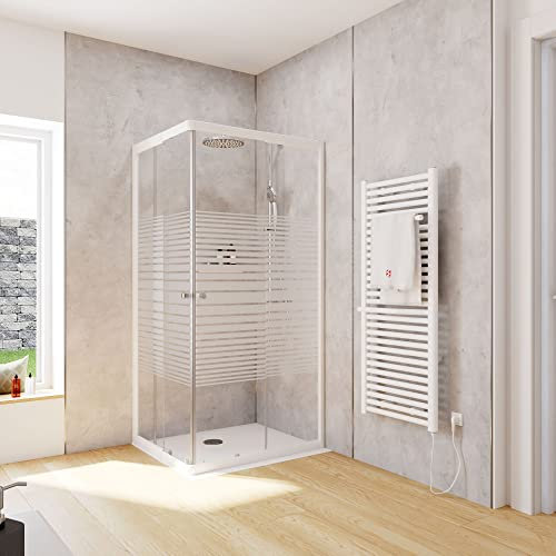 Schulte Duschkabine Corner Eckeinstieg mit Schiebetüren Alpinweiß 4 mm Sicherheitsglas (ESG) Dekor Querstreifen 75x90 cm, Montage auf Duschwanne oder Fliese
