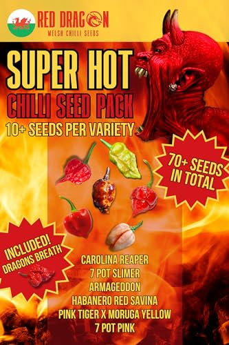 Chilli Seeds - Super Hot Chilli Seed Variety Pack - 7 Super Hot Pepper Variety Seeds Including The Carolina Reaper and Dragons Breath - 70 Super Hot Seeds (Superhot Variety Pack)