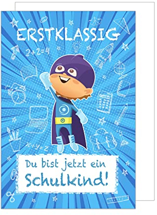Edition Seidel Premium Glückwunschkarte zur Einschulung mit Umschlag. Einschulungskarte Karte Grusskarte Kind Junge Schulanfang 1. Klasse Comic (ES134 SW023)