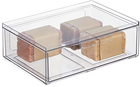 mDesign große Aufbewahrungsbox mit Schublade – stabile Schubladenbox aus Kunststoff zur Make-up Aufbewahrung – Stapelbox für Kosmetik, Accessoires und mehr – durchsichtig