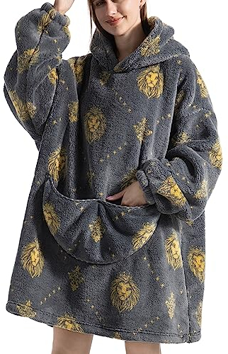 JOJJJOJ Übergroße Hoodie-Decke mit riesiger Tasche Bequeme Sherpa Fleece Decke Kapuzenpullover warmes Sweatshirt Bademantel für Damen Herren Teenager Geschenk(Grauer Löwe)