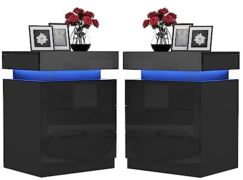 Lvhcmfohm Nachttisch Schwarz 2er Set, Nachtschrank mit Led Licht, Nachtkommode mit 3 Schubladen und Schränke mit Klappdeckel für Wohnzimmer, Schlafzimmer (45x35x61cm)