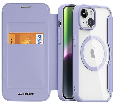 DUX DUCIS Hülle für iPhone 15 Handyhülle Kompatibel mit MagSafe, Transparente Anti-Kratzer Leder Flip Klapphülle mit RFID-Sperre Schutzhülle Case für iPhone 15 (6,1 Zoll, Lila)