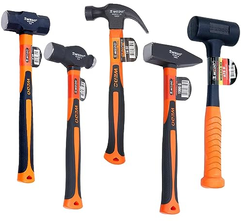 WEDO Hammer Set 5PCS, Claw Hammer, Ball Peen Hammer, Engineers' Hammers, Sledge Hammer, Rubber Shockproof Hammer, Fiberglass Handle