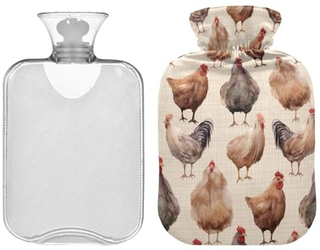 1L Large Hot Water Bottle Bag with Cover, Vintage Chicken Transparent Hot Water Bags for Bed Hand Feet Warmer, Menstrual Cramps, Neck and Shoulder Pain Relief