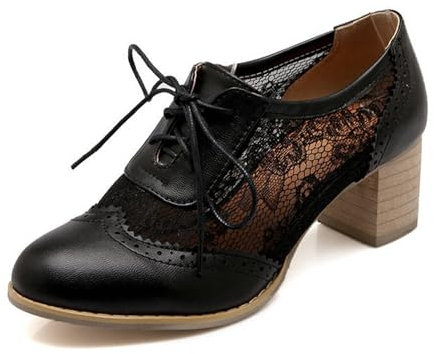 ErikenUrben Damen Mesh Oxfords High Heels Vintage Schnürenschuhe Blockabsatz Wingtip Schuhe Business Buro Kleid Pumps Schuhe Black Große 40 Asiatisch