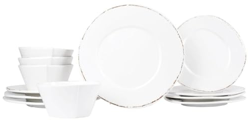 Vietri Melamine Lastra White 12-Pc Unbreakable Dinnerware Set with Pasta Bowls & Dinner Plates