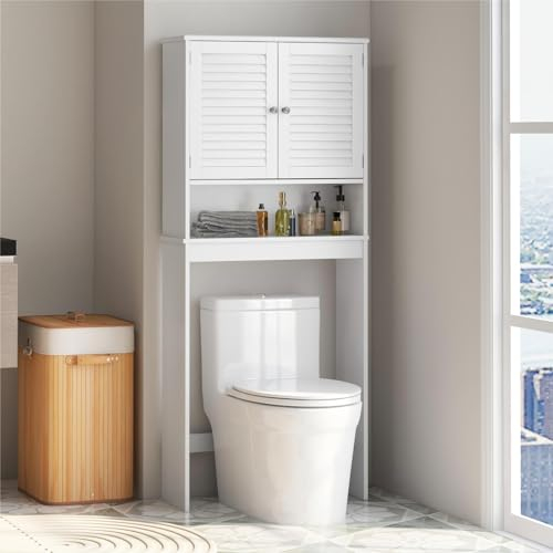 COSTWAY Meuble WC Au-Dessus des Toilettes, Étagère de Rangement acec 2 Portes à Persienne, Étagère Réglable, pour Salle de Bain, Toilettes, Buanderie, 25,5 x 66 x 157 cm, Blanc