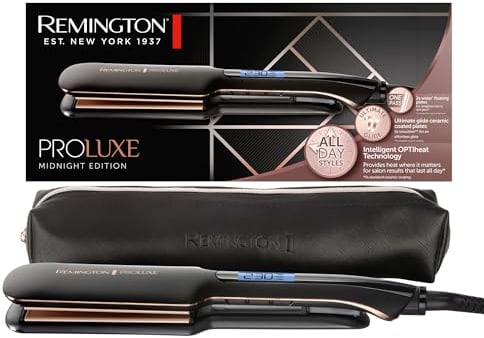 Remington Plancha de Pelo ProLuxe Midnight placas anchas - Tecnología OPTIHeat, Placas Flotantes Extralargas, Resultados Profesionales, Cerámica, Ajuste Pro+, Digital - S9150B, Negro, placas anchas