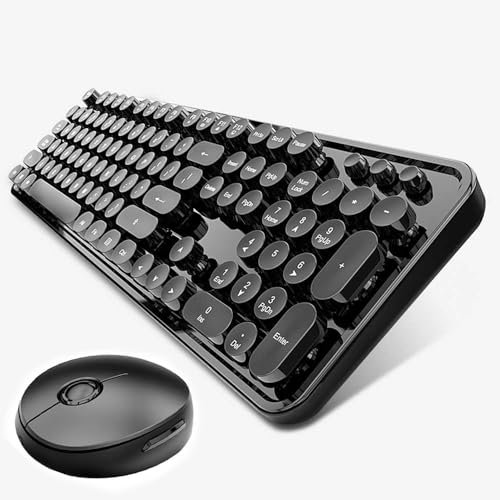 Wireless Keyboard and Mouse Combo, Retro Typewriter Style Keyboard with Round Keycaps, 2.4GHz Dropout-Free Connection Mouse with 3 Adjustable DPI for Windows Notebook PC (Black)