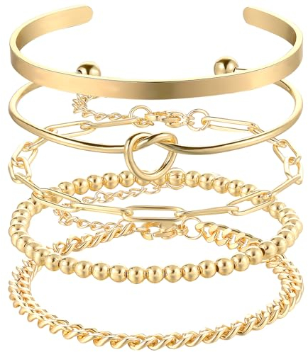 5 Stück Goldene Armband Vergoldet Damen Stapelbares Armbänder Set Verstellbares Mehrlagiges Kettenarmband Armreif Mädchen Charm Armband Damen Gold