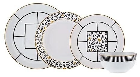 Karaca Gwen 24-Piece Porcelain Dinner Set for 6 People, Dinner Plates, Pasta Bowls, Side Plates, Cereal/Soup Bowls, Crockery Set, White Multi