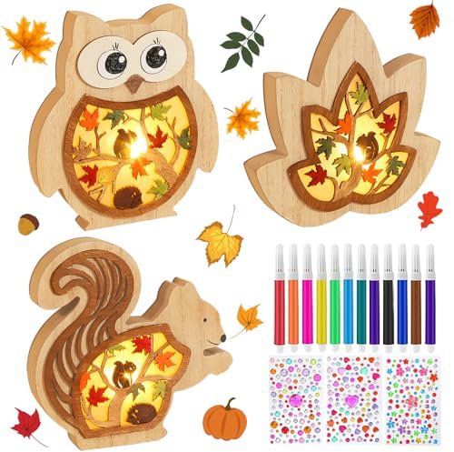 IWTBNOA Herbst Deko Leuchten aus Holz, 3D LED-Stimmungsleuchten Herbst, Herbst Holz Ornament, Eule Eichhörnchen Herbstblätter Herbstdeko LED Herbstblätter, Geschenk für Thanksgiving Erntedank