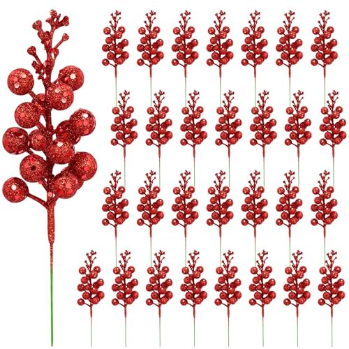 Yueshop 30 PCS Christmas Artificial Berries Stems, Christmas Tree Decorations Red Berry Stems Glitter Berries Branches Christmas Tree Picks for Wreath Wedding Party DIY Crafts Xmas Tree Decoration