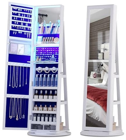 Gurexl Schmuckschrank mit Spiegel, Spiegelschrank mit Beleuchtung Ganzkörperspiegel Schrank Schmuck Aufbewahrung Mehrere Fächer Abschließbar 360 Grad Drehung Schminkschrank 160 × 54 × 54 cm,Grau