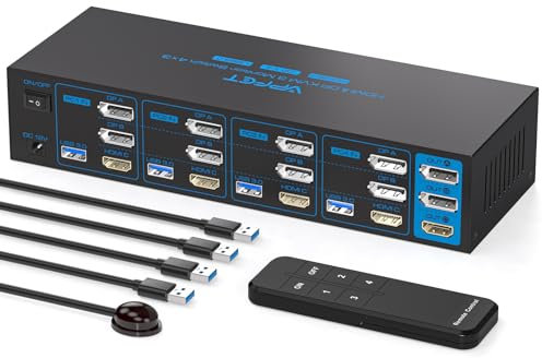 AILVLVNG 4K144Hz 2 Displayport HDMI 4 PC 3 Monitores KVM Switch 8K60Hz Soporta 4 ordenadores compartiendo 3 monitores y 4 puertos USB 3.0, como teclados ratones impresoras y discos U.