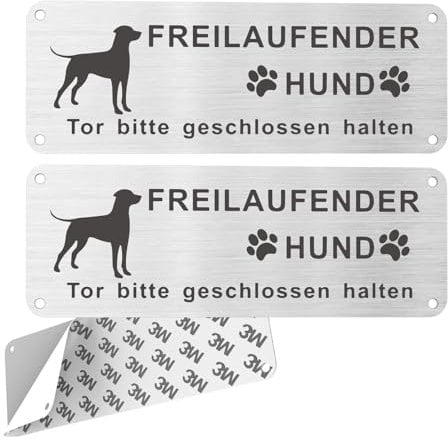 Upifen Vorsicht Freilaufender Hund, 2Stk. Achtung Hund Schild, Warnschild Hund Aluminium mit Selbstklebend und Vorgebohrten Löchern, 25x 9cm, Innen/Außen